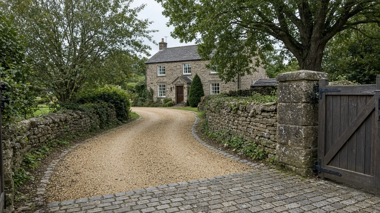 Example image: a golden gravel driveway with a sett apron at a stone village house
