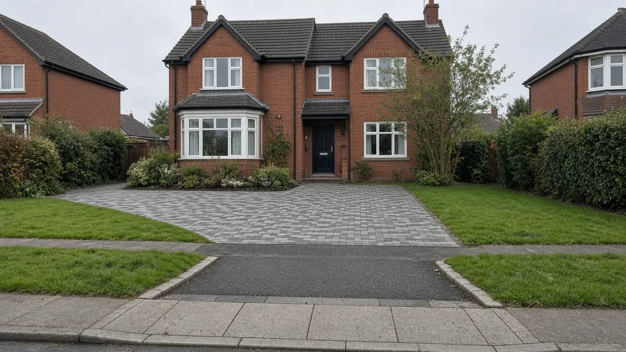 Example image: a lowered kerb across a grass verge to a block paved drive