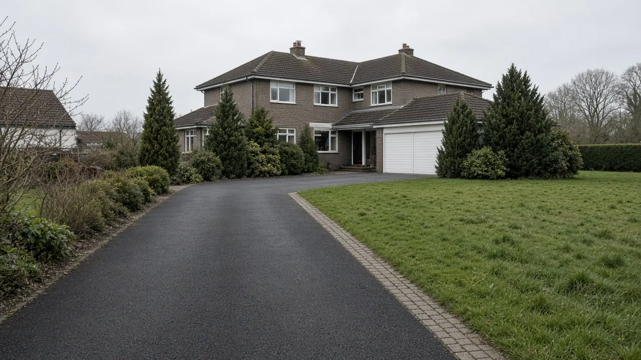 Example image: a long tarmac drive with a buff sett edge to a detached house